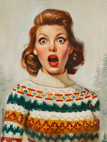 Retro-Style Portrait of Surprised Woman in Christmas Sweater