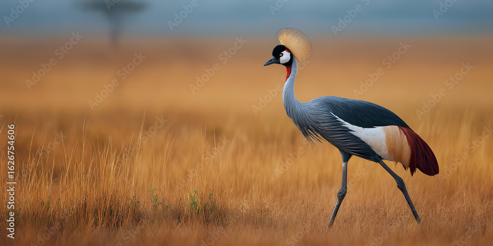 Obraz premium Grey crowned crane walking through golden grassland in African savanna 
