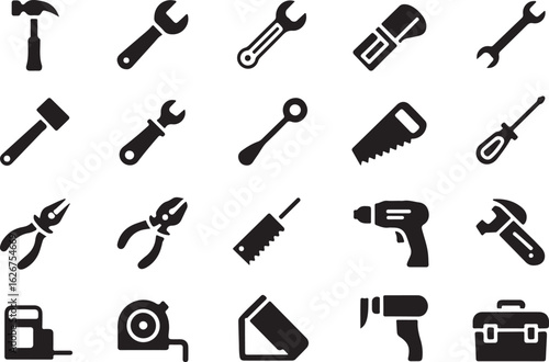 Black and white construction tools icon set
