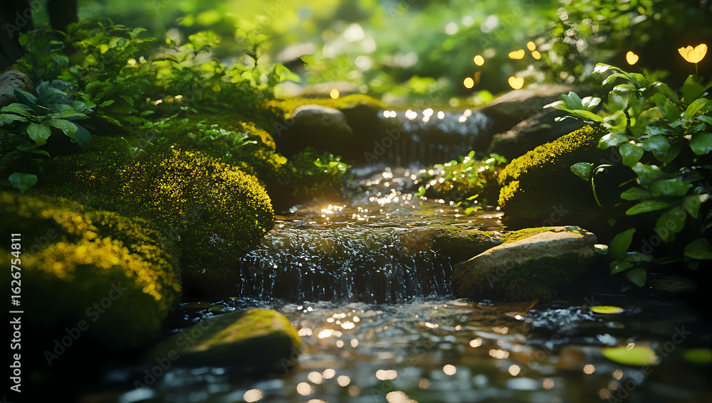 Fototapeta premium Serene Stream Flowing Through Mossy Rocks in a Sunlit Forest