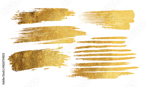 Creative gold painted brushstroke textures with foil stripes, rough smears, and elongated shapes. Hand-drawn artistic graphic elements for textured backgrounds, frames, banners
