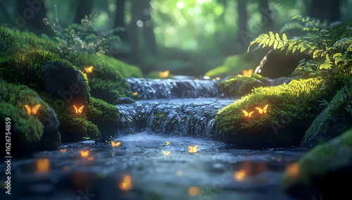 Ethereal forest stream at twilight, with glowing orange light creatures illuminating lush moss and flowing water, creating a serene and magical natural wonderland scene