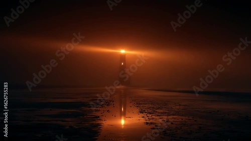 Lighthouse glowing in mist casting serene reflection