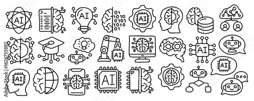 Artificial Intelligence and Machine Learning Doodle Icons – AI, Robotics, Neural Network, Big Data, Automation, Chatbot, Innovation, Technology, Brain, Hand Drawn, Computer Vision, Algorithm
