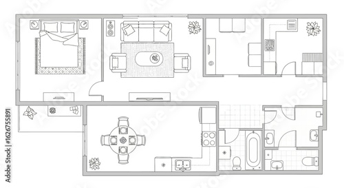Apartment floor plan view with furniture layout
