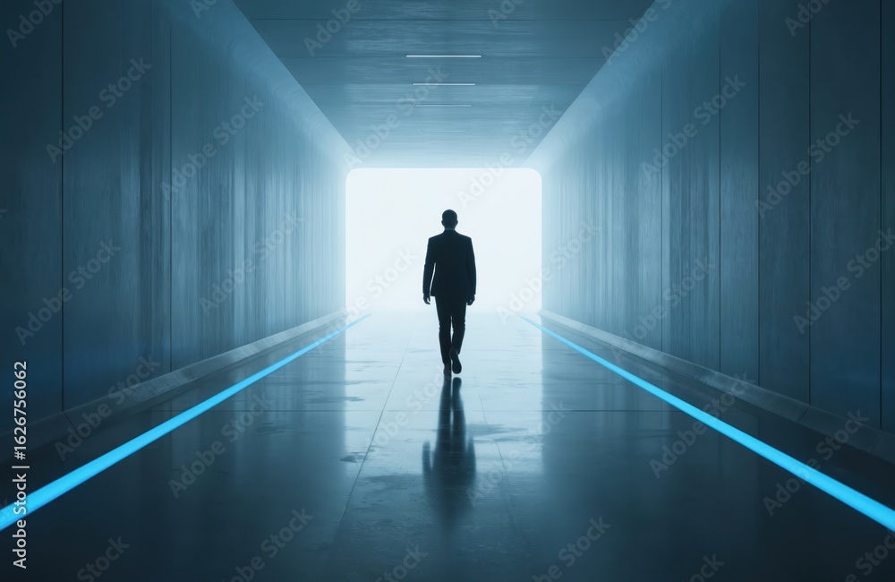 Fototapeta premium Silhouette of businessman in suit walking toward bright light at end of futuristic corridor. Blue neon lines line polished floor. Represents journey, progress, unknown future, ambition, success in