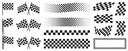 Racing stripes set, checkered patterns and flag, start and finish line, motocross labels, dynamic lines, motorsport, racing stripe speed, sport decals, automotive tuning stickers - vector