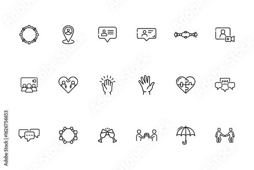 Collection line art icons representing social connections communication vector