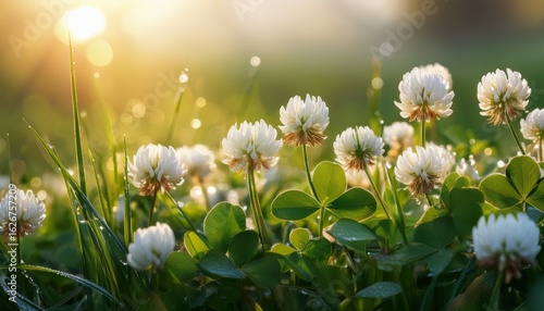 ethereal splendor of ivory clover blossoms nestled amidst glistening blades of morning dew epitomizes a tranquil tableau with their dainty petals and serene emergence of a new day