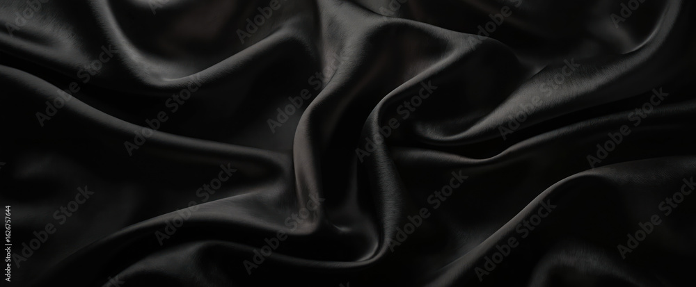 Luxurious black silk fabric exhibits smooth, flowing texture with subtle lines, shadows. Elegant material features sophisticated, understated pattern, ideal for high-end fashion, interior design, Luxurious black silk fabric exhibits smooth, flowing texture with subtle lines, shadows. Elegant material features sophisticated, understated pattern, ideal for high-end fashion, interior design,