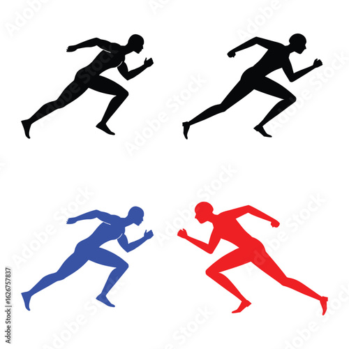 Four running athlete silhouettes black blue red sport
