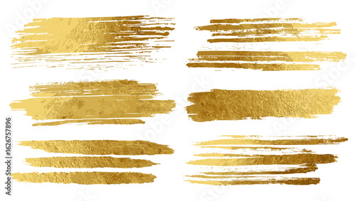 Gold foil brush paint stripes, rough smears, textured brushstroke shapes, and uneven stains. Artistic hand-drawn golden elements for frames, banners, dividers, backgrounds, abstract textures