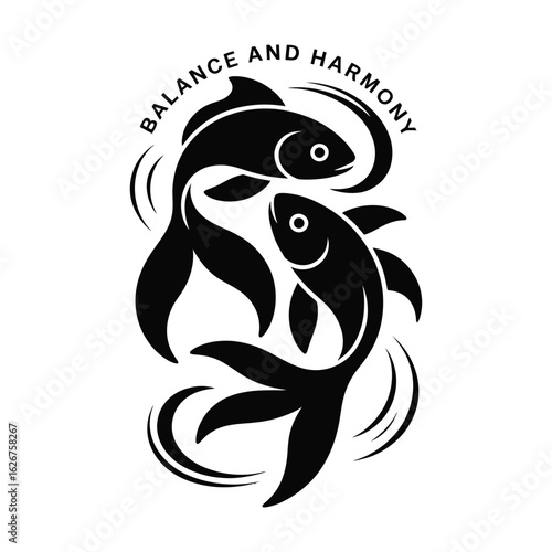 Paired goldfish silhouettes symbolizing feng shui, love, and harmony themes, black and white isolated vector illustration