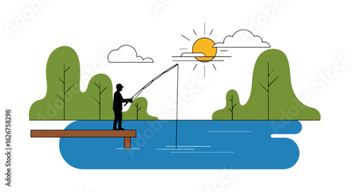 Fishing on a dock silhouette of man casting a line on lake