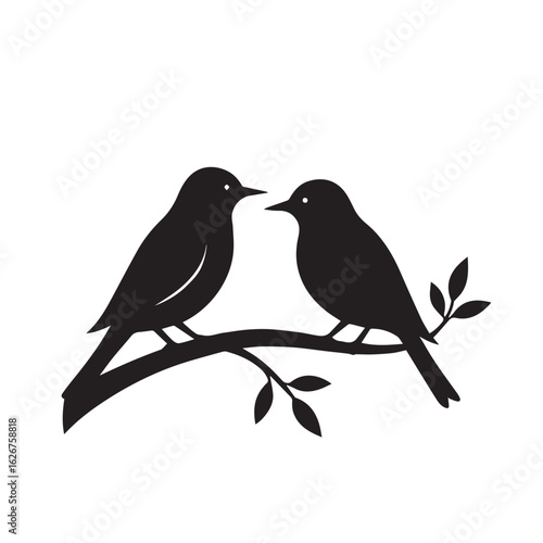 Two birds sitting closely on a tree branch silhouette vector illustration