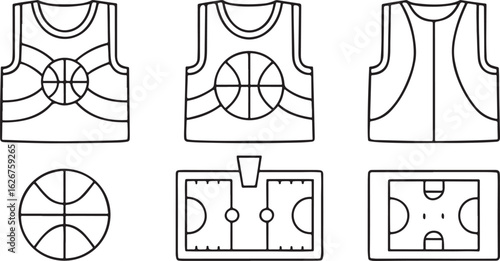 Isolated black basketball team icons, player jersey, home and away kit, captain icon, substitution, timeout signal, team huddle, basketball match, coaching setup, tactical planning