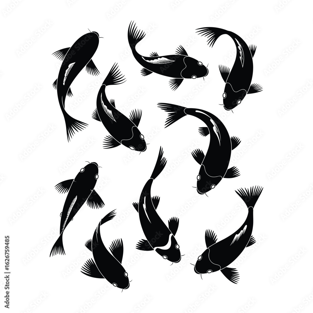 Obraz premium Top view silhouettes for koi pond and aquarium visuals, black and white isolated vector illustrations of fish and water elements