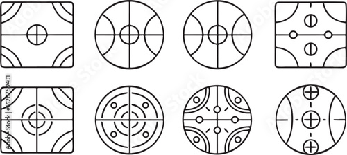 Isolated black basketball training icons, stretching routine, warm up drills, passing techniques, defensive stance, layup, shooting form, fitness practice, player training, sports skill