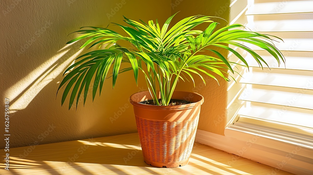 Obraz premium Warm indoor light casting gentle plant shadows on textured wall, shot with mirrorless camera 35mm lens highlighting softness and inviting atmosphere
