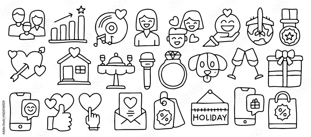 Hand drawn doodle icon set – love, family, shopping, pet, holiday, social media, gift, engagement, dating, Valentine, party – isolated vector illustration Hand drawn doodle icon set – love, family, shopping, pet, holiday, social media, gift, engagement, dating, Valentine, party – isolated vector illustration