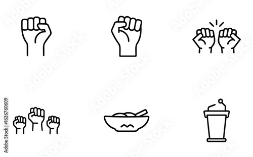 Collection six simple line art icons on fist raised