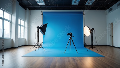 Empty photographic studio interior with professional lighting equipment and camera set up against a vibrant blue backdrop for creative visual productions and artistic endeavors