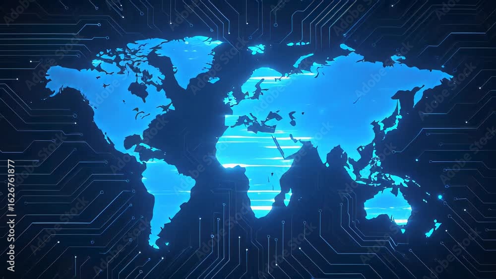 Glowing Blue World Map Emerges With Dynamic Zoom, Showcasing Technology and Connectivity Through Visual Effects Glowing Blue World Map Emerges With Dynamic Zoom, Showcasing Technology and Connectivity Through Visual Effects