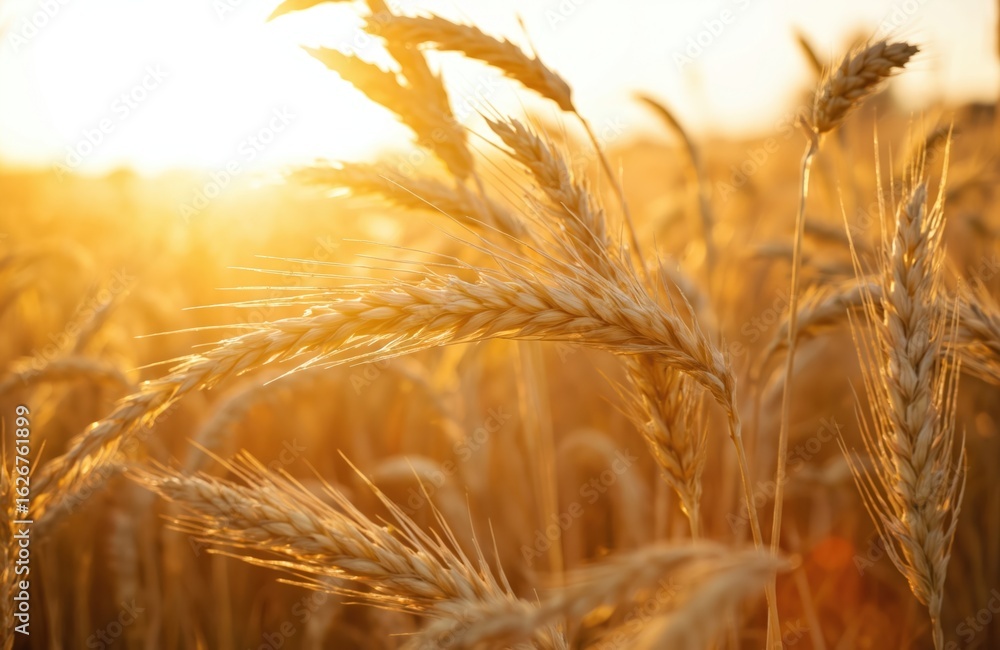 Golden wheat field at sunset, close-up on ripe ears of grain. Sunlight shines through the stalks, symbolizing growth and harvest abundance. Represents agriculture, nature, and the promise of bread. Golden wheat field at sunset, close-up on ripe ears of grain. Sunlight shines through the stalks, symbolizing growth and harvest abundance. Represents agriculture, nature, and the promise of bread.