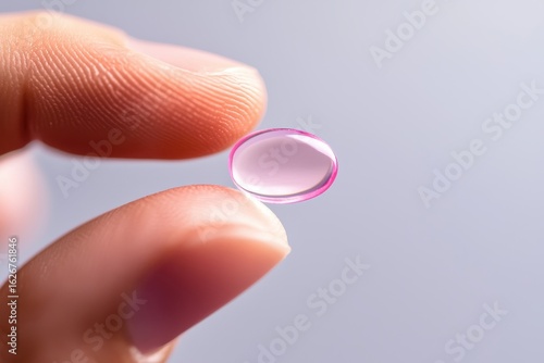 Engineer biomedical design Concept. A person holding a pink contact lens between their fingers.