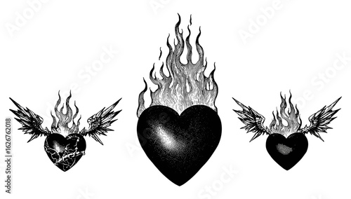 Heart flames, gothic angel core Y2K burning hearts illustrations. Love burns bright, light my fire type designs. Black & white prints, Valentine’s templates, tattoo silhouettes, blazing vector art