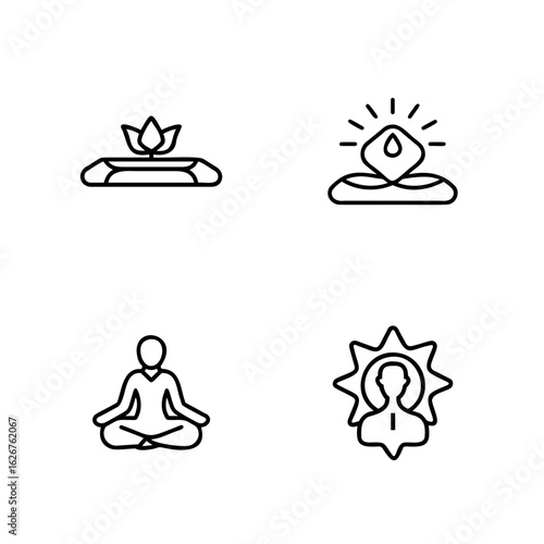 Four line art icons representing meditation yoga spiritual enlightenment wellness