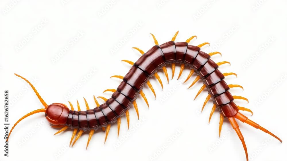 A detailed closeup studio shot of a segmented brown centipede with orange legs and antennae, isolated on a plain white background