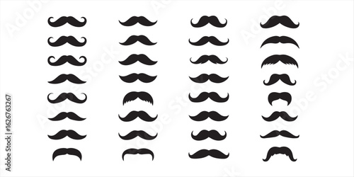 "A collection of 30 unique mustache silhouettes in black on white background, classic, modern, curly, handlebar, vintage and cartoon styles, centered and evenly spaced"