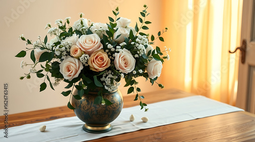 Pink roses bouquet in a vase on a table, perfect for home decor or wedding celebration