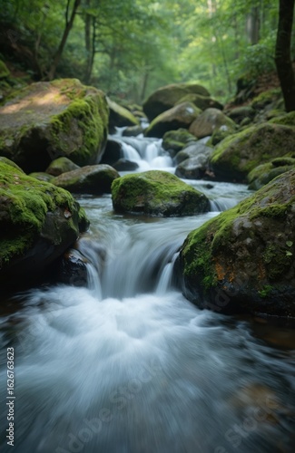 Clear water cascades over moss-covered rocks in a rich forest stream. The serene natural landscape features vibrant green moss on stones and trees, creating a peaceful, tranquil environment.