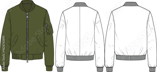 CAD drawing flat vector illustration, bomber jacket fashion template, front and back view, technical outerwear design mockup