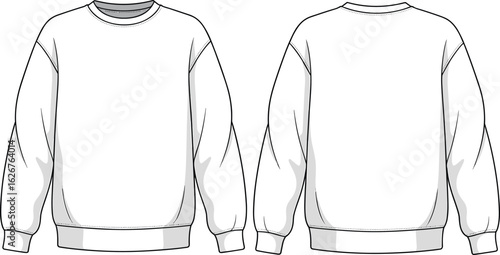 CAD drawing flat vector illustration, crew neck sweatshirt fashion template, front and back view, unisex casual wear sketch design
