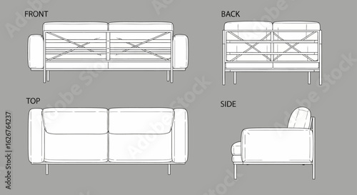 Sofa Blueprint Front Back Top and Side Views
