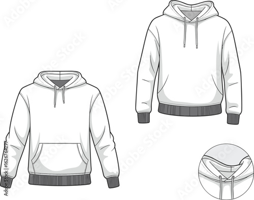 CAD drawing flat vector illustration, hoodie sweatshirt fashion template with front pocket and drawstring, detailed view, casual wear sketch