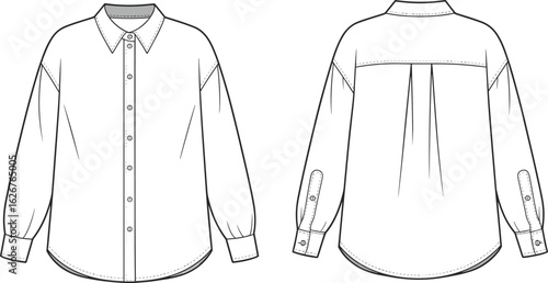 Classic Button-Up Shirt CAD Drawing, Flat Vector Fashion Illustration with Long Sleeves and Back Pleat, Front and Back Technical Sketch