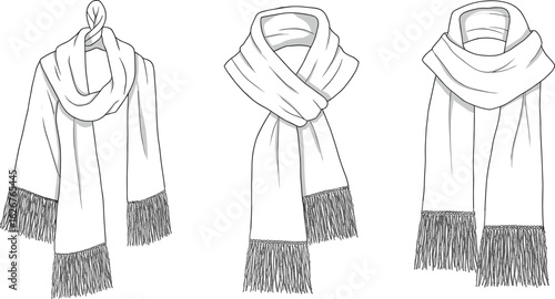Fringe scarf flat sketch, winter accessory design, fashion CAD illustration, cozy wrap drawing, technical vector template, women’s clothing accessory