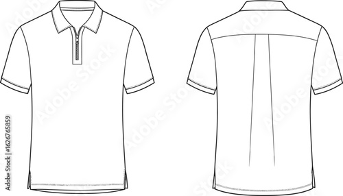 Men’s polo shirt flat sketch, short sleeve zip collar top, fashion CAD drawing, vector template, front and back view