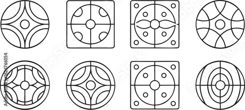 Isolated black basketball training icons, warm up, stretch icon, passing drill, defense posture, layup action, shooting practice, physical training, sports preparation, skill improvement