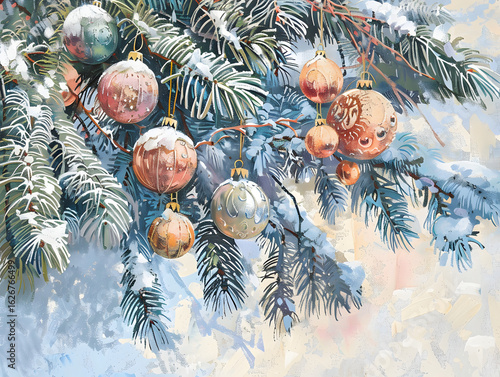 Christmas Tree Branches with Ornaments in Snowy Background