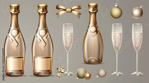 Sparkling Bottles and Glasses of Champagne in Gold Tones