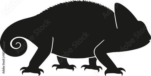 Vector art of silhouette of a chameleon with its curled tail is featured against a plain background in this vector illustration