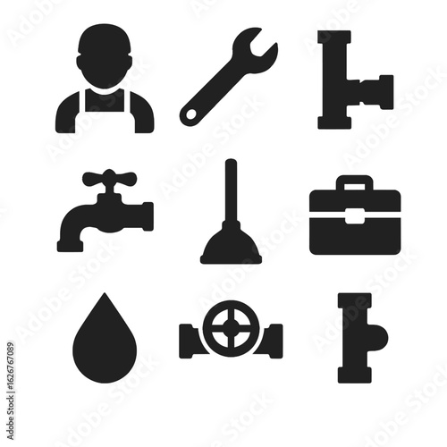 Plumbing service and repair icon set. Vector symbols for plumber, wrench, pipes, faucet, and maintenance - the plumbing profession.