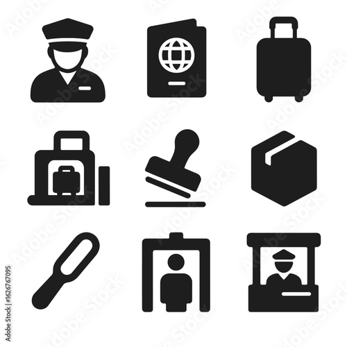 Vector glyph icon set of airport elements including passport control, security check, and luggage - the customs officer profession.