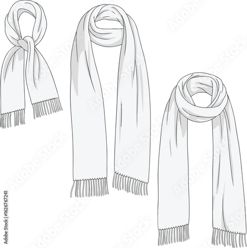 Winter scarf technical flat sketch, different wrapping styles front view with fringe detail, cad drawing flat vector illustration
