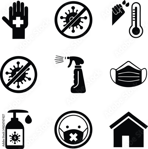 Vector Icon Set for Virus Protection and Health Safety Featuring Sanitizers, Masks, and Home Quarantine